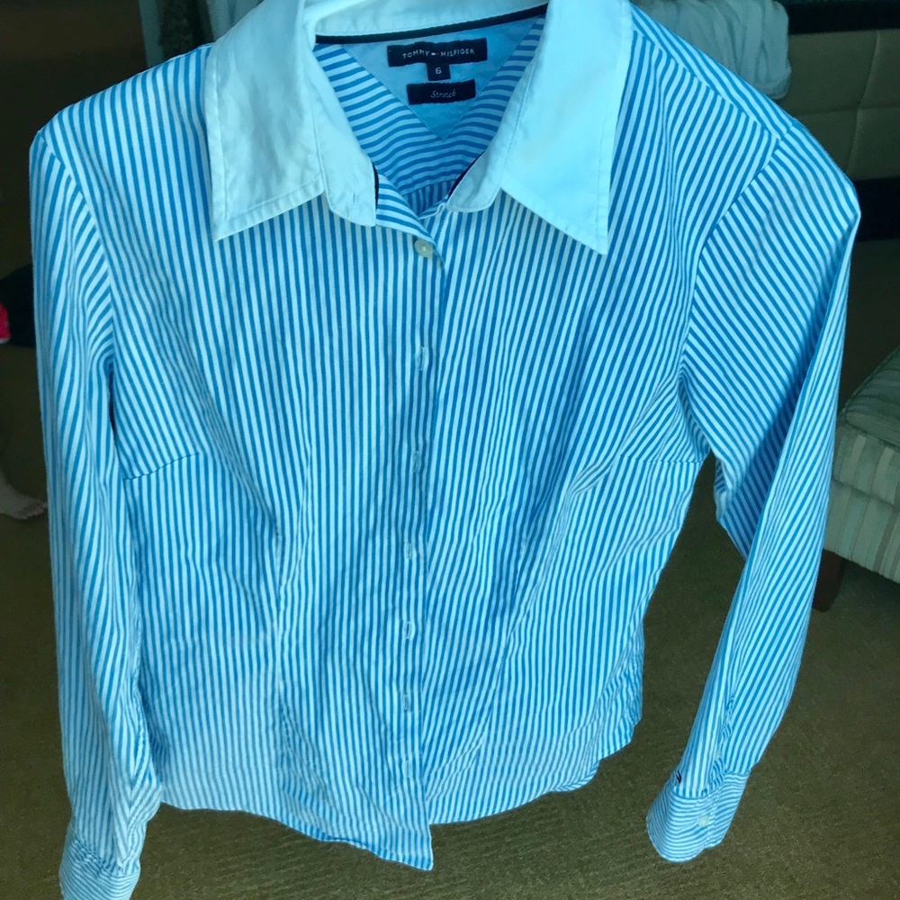 Tommy Hilfiger stripe button up with white collar.